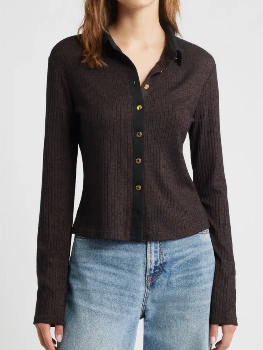 rag & bone Contrast Trim Ribbed Knit Dark Brown Polo Cardigan NEW
